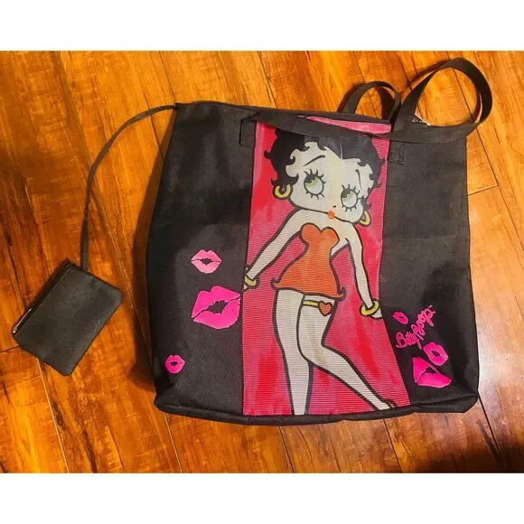 Betty Boop Themed Retro Fun Beach Mesh Front Panel Tote Bag w/ Small Coin Pouch - Picture 2 of 5
